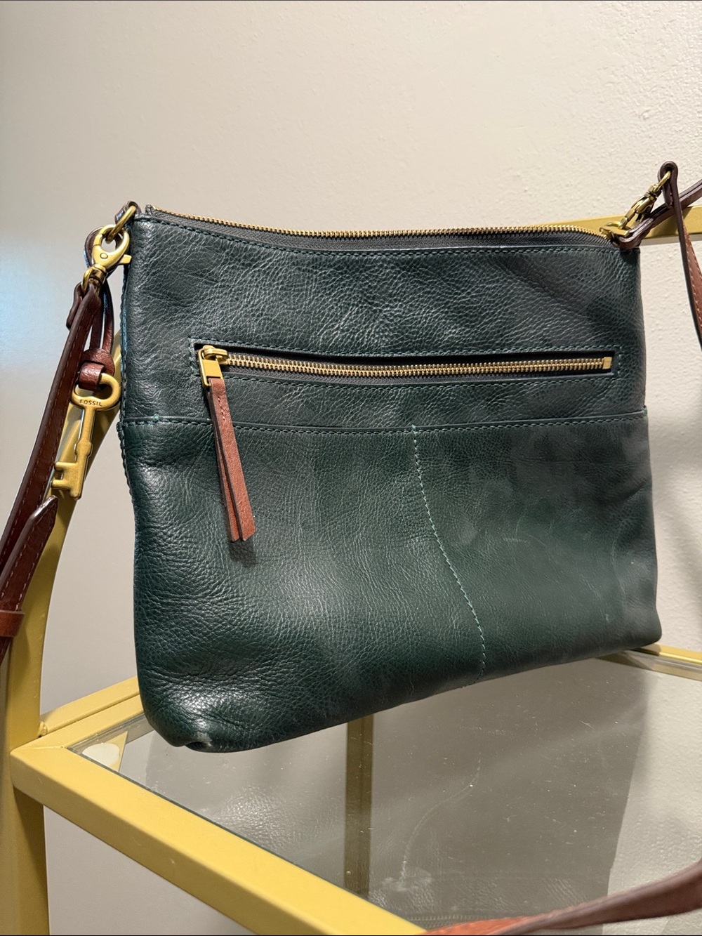 Fossil Dark Green Leather Crossbody with Brown Strap